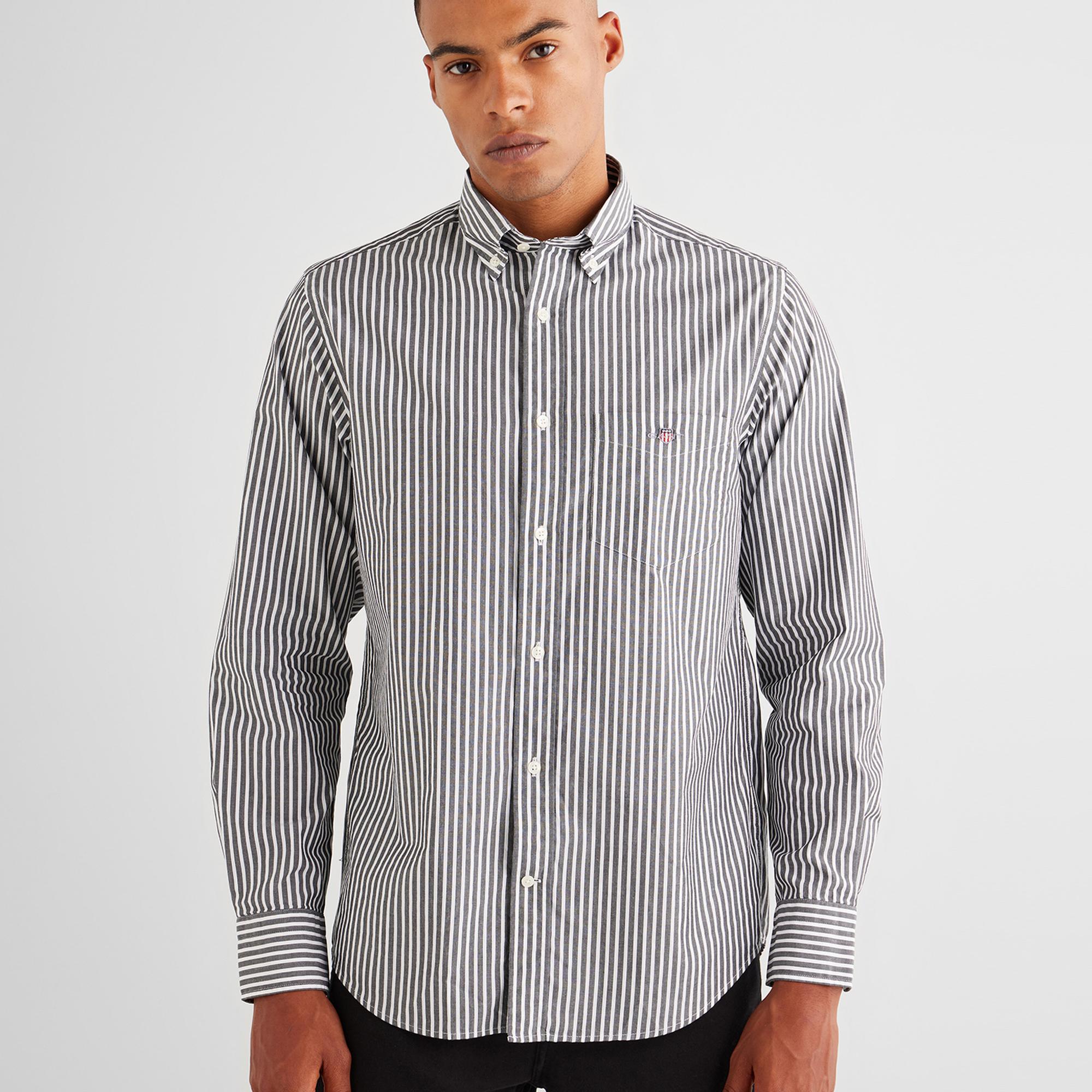 GANT Erkek Siyah Regular Fit Düğmeli Yaka Çizgili Poplin Gömlek