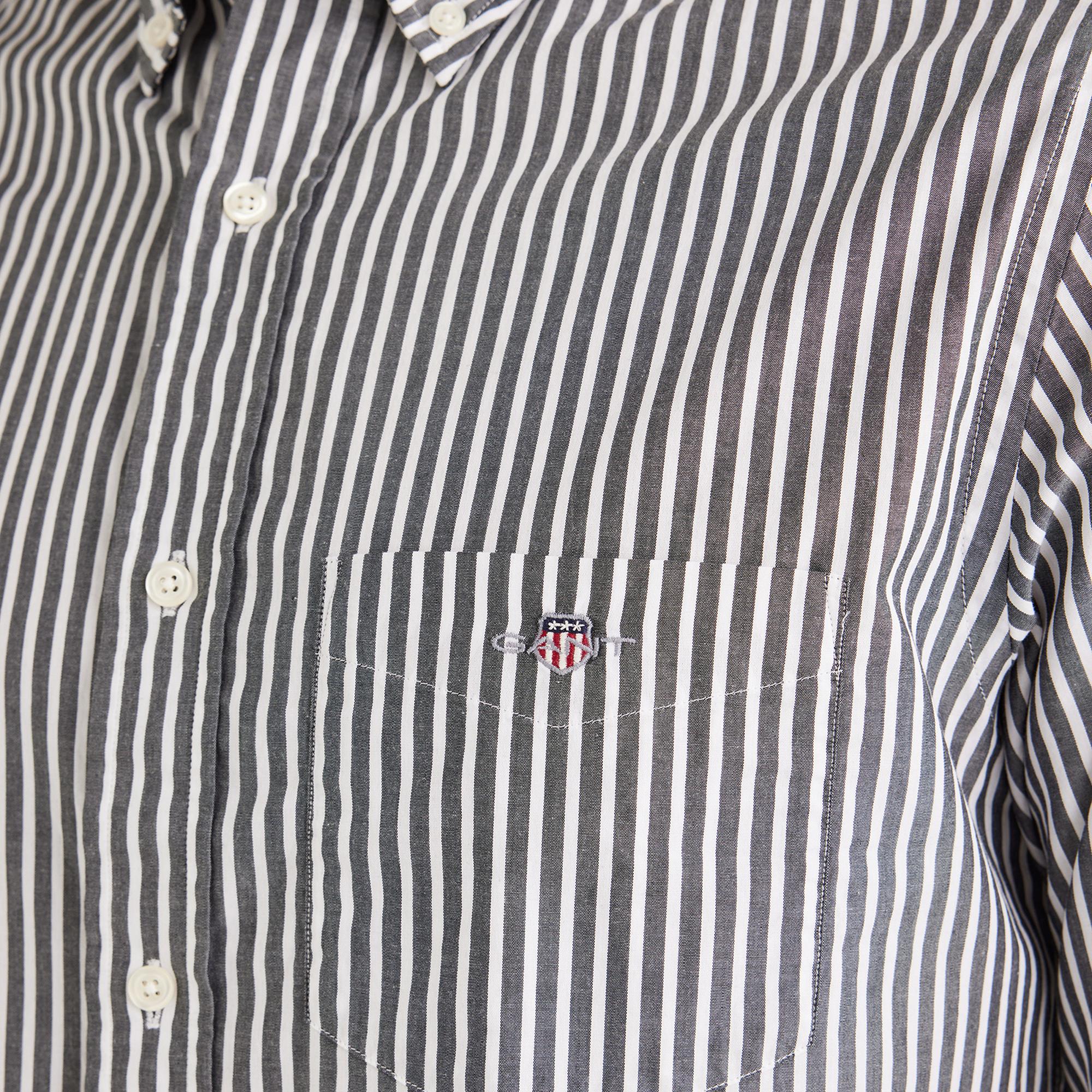 GANT Erkek Siyah Regular Fit Düğmeli Yaka Çizgili Poplin Gömlek