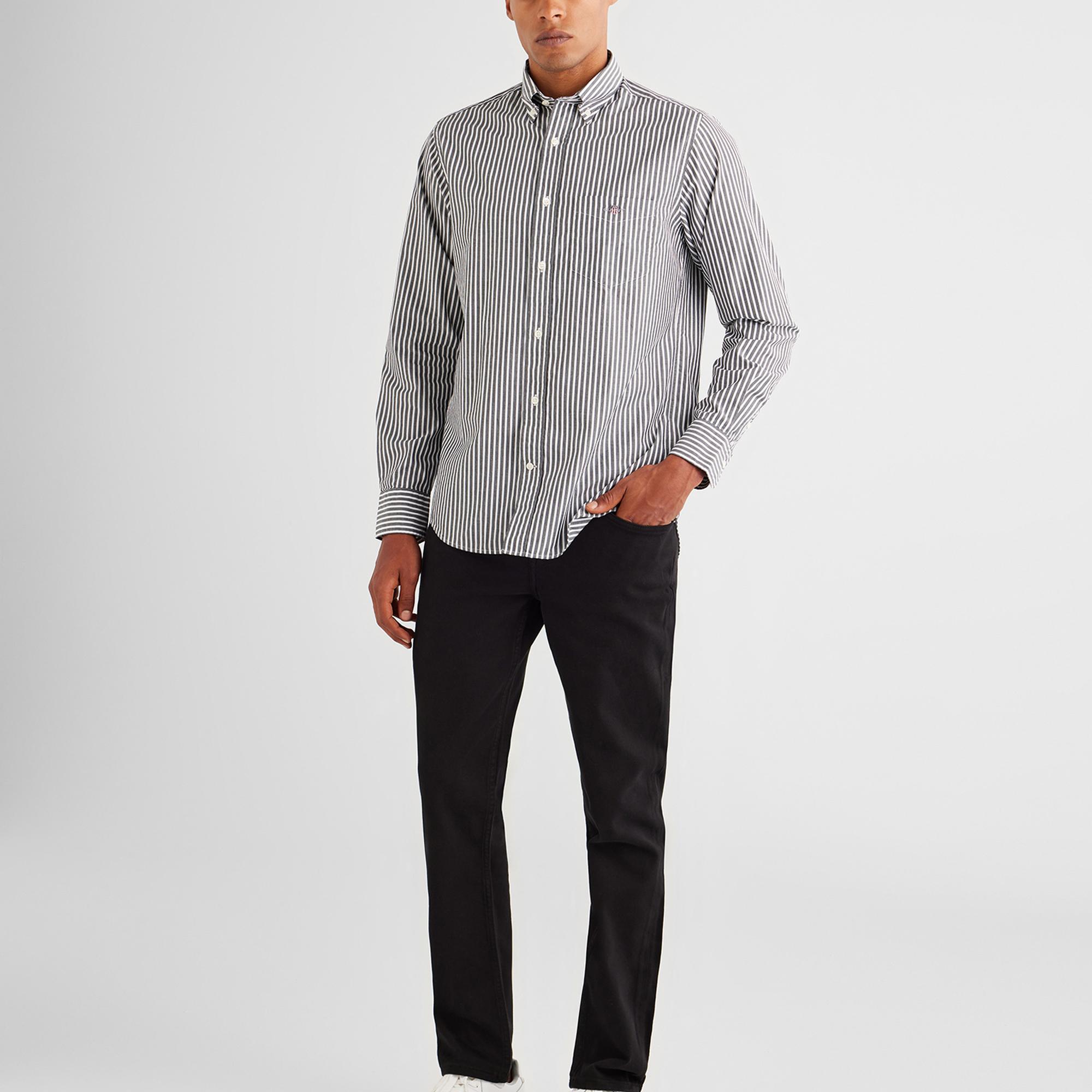 GANT Erkek Siyah Regular Fit Düğmeli Yaka Çizgili Poplin Gömlek