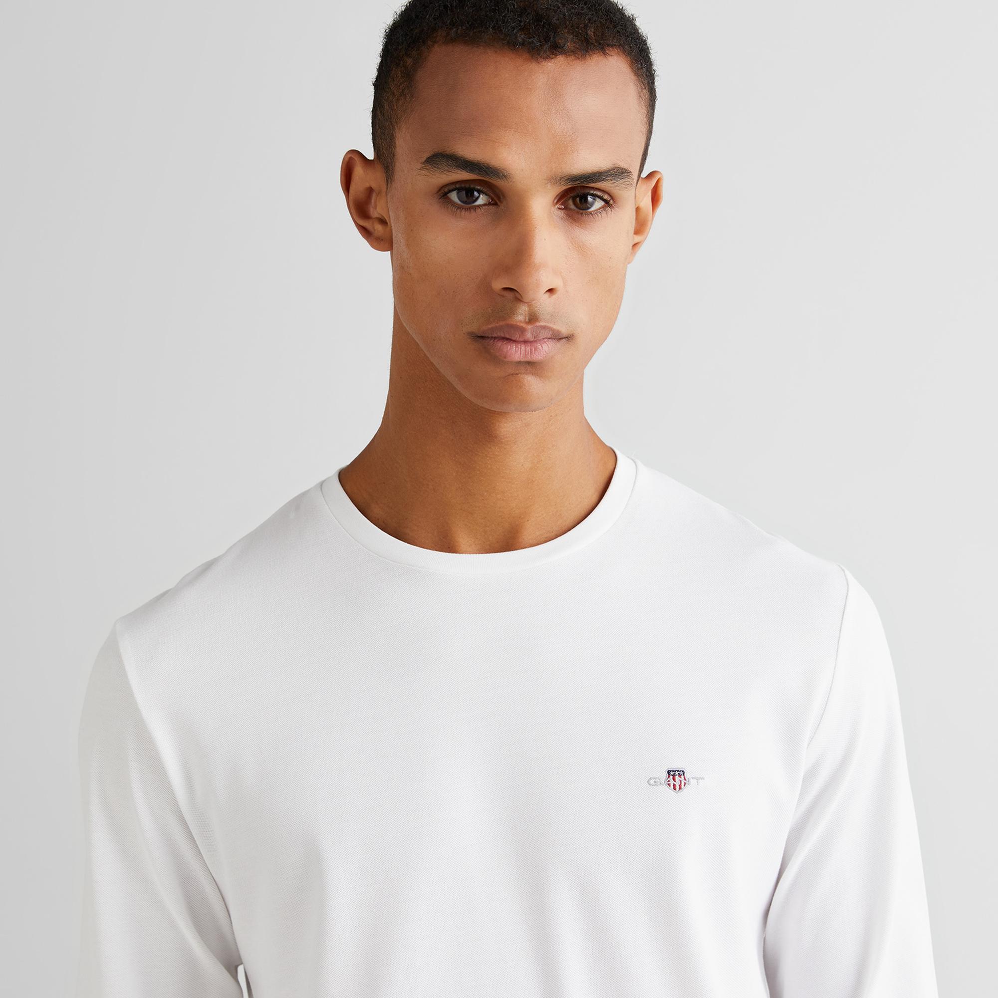 GANT Erkek Beyaz Slim Fit Bisiklet Yaka Uzun Kollu T-Shirt