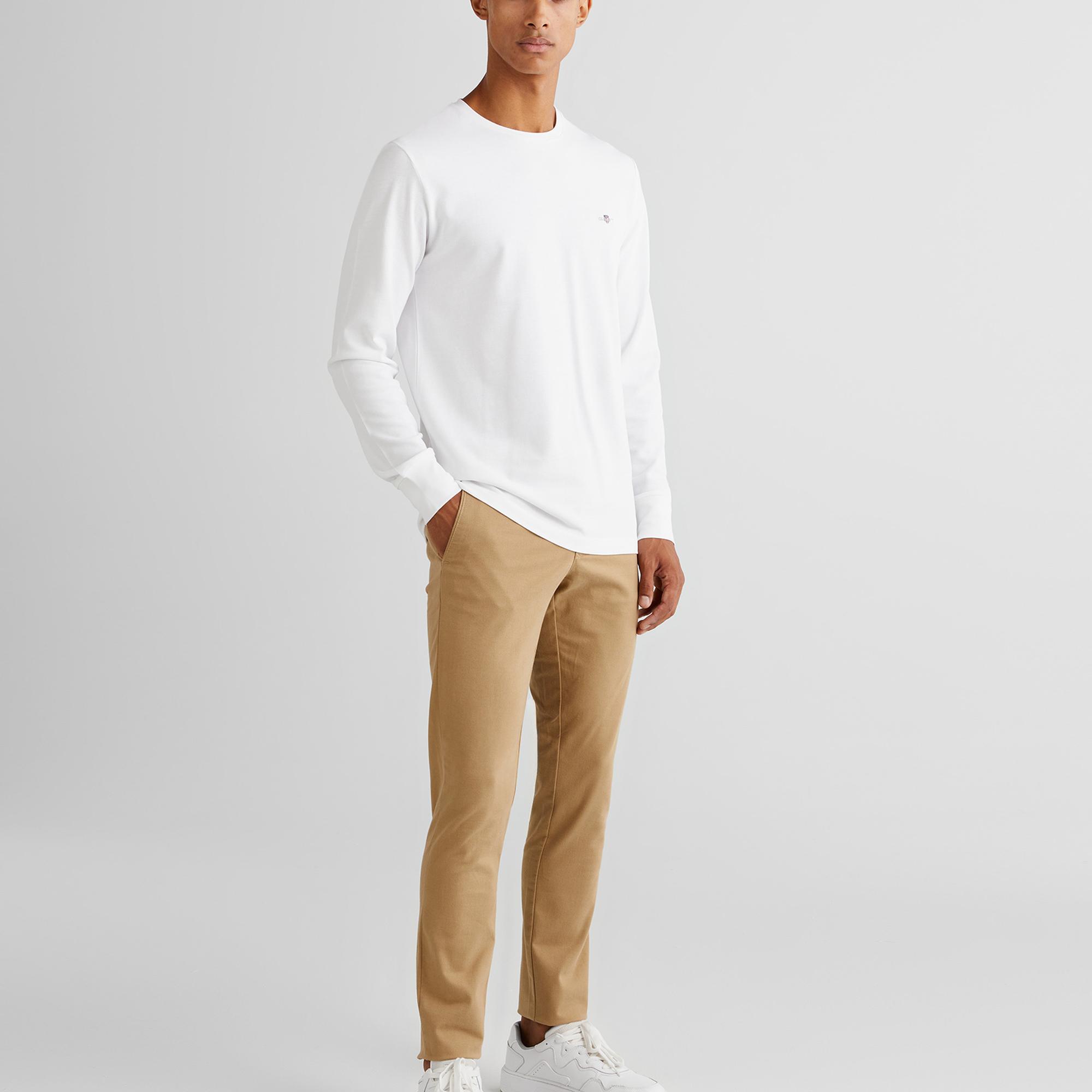 GANT Erkek Beyaz Slim Fit Bisiklet Yaka Uzun Kollu T-Shirt