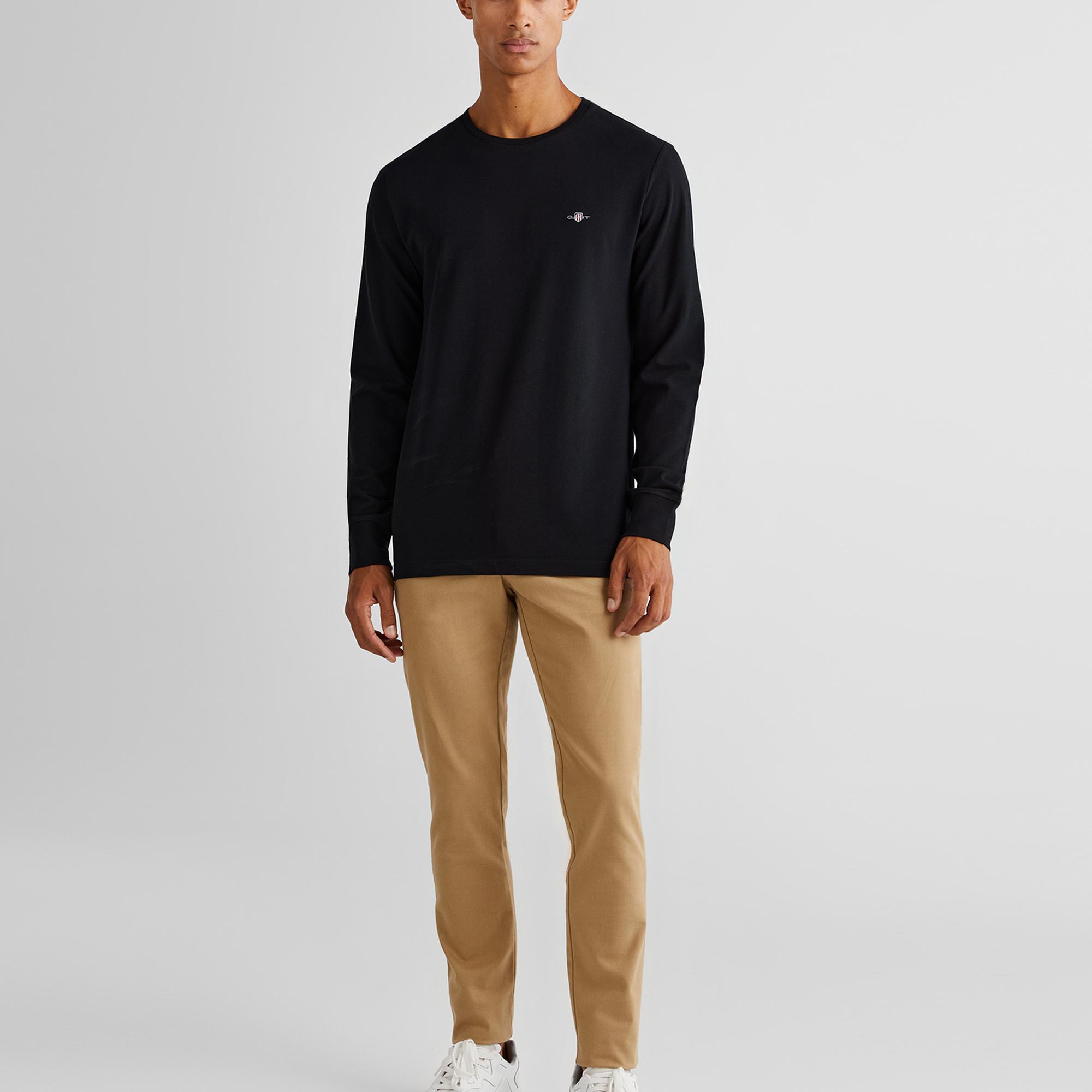 GANT Erkek Siyah Slim Fit Bisiklet Yaka Uzun Kollu T-Shirt