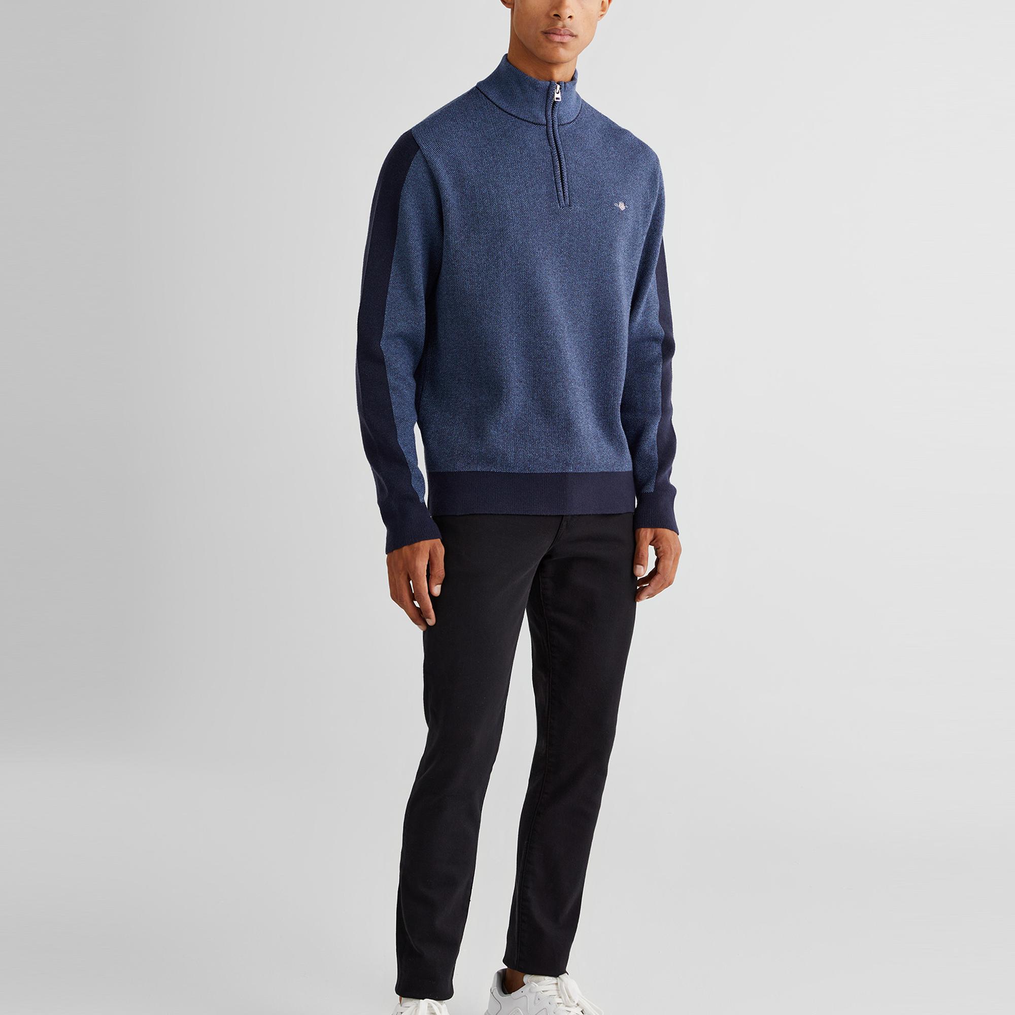 GANT Erkek Lacivert Relaxed Fit Yarım Fermuarlı Renk Bloklu Kazak