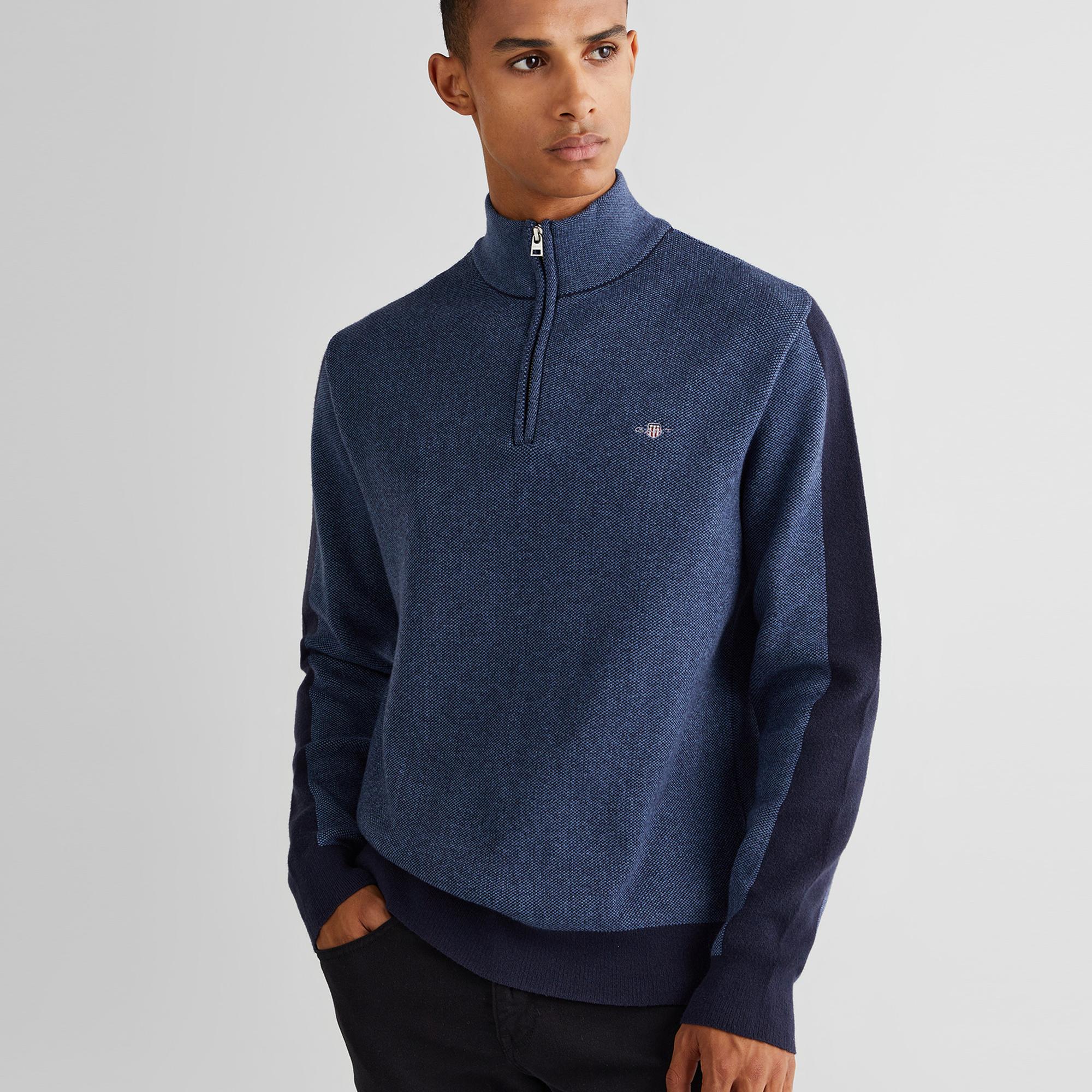 GANT Erkek Lacivert Relaxed Fit Yarım Fermuarlı Renk Bloklu Kazak