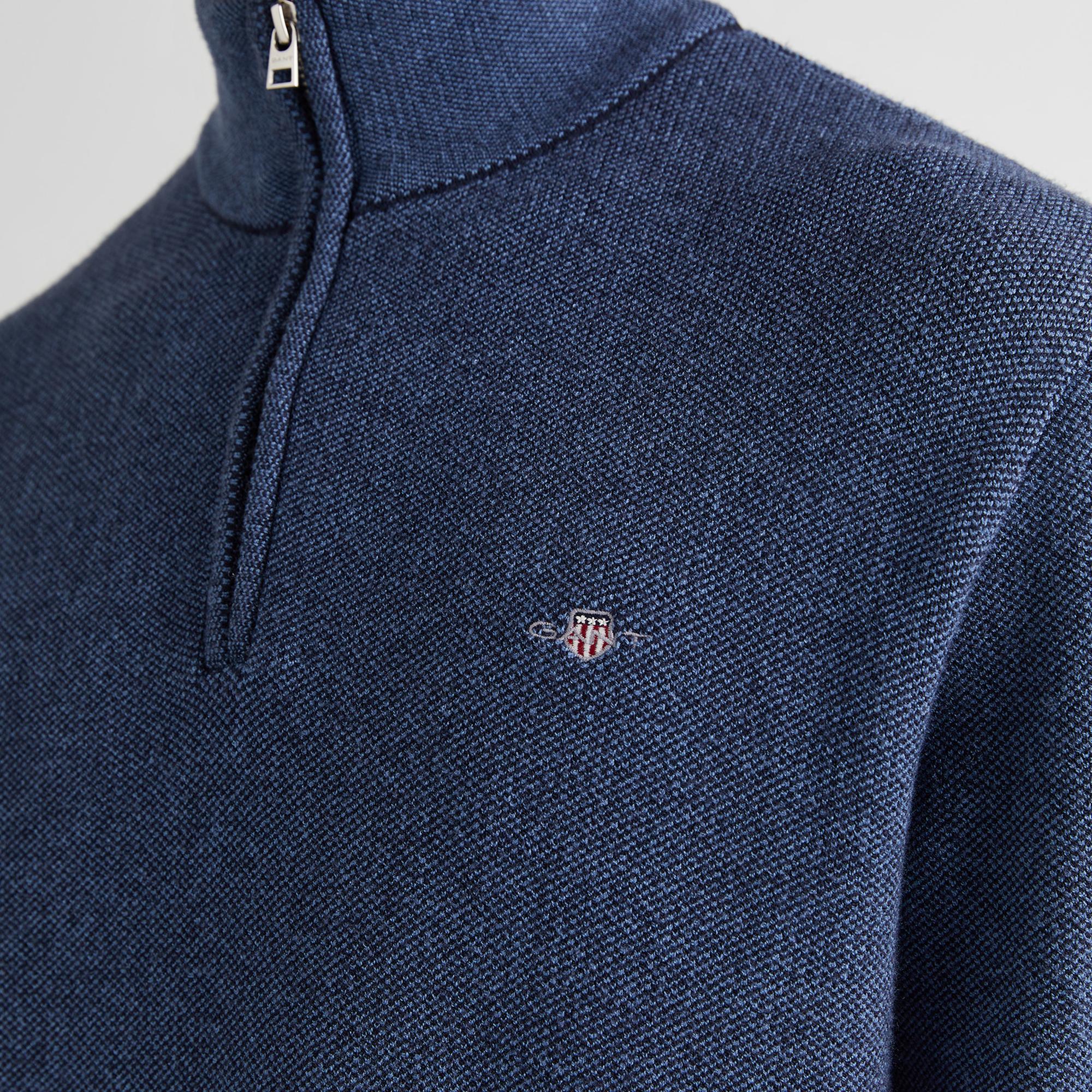 GANT Erkek Lacivert Relaxed Fit Yarım Fermuarlı Renk Bloklu Kazak