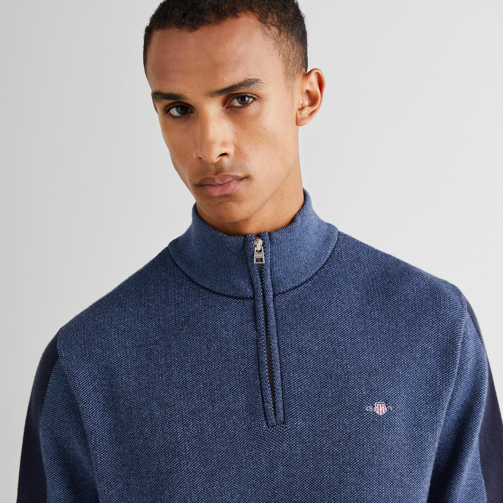 GANT Erkek Lacivert Relaxed Fit Yarım Fermuarlı Renk Bloklu Kazak