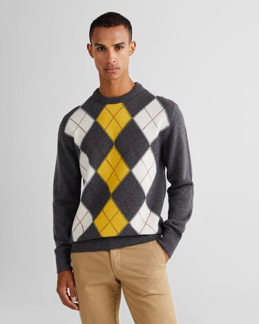  GANT Erkek Gri Regular Fit Bisiklet Yaka Desenli Yün Kazak