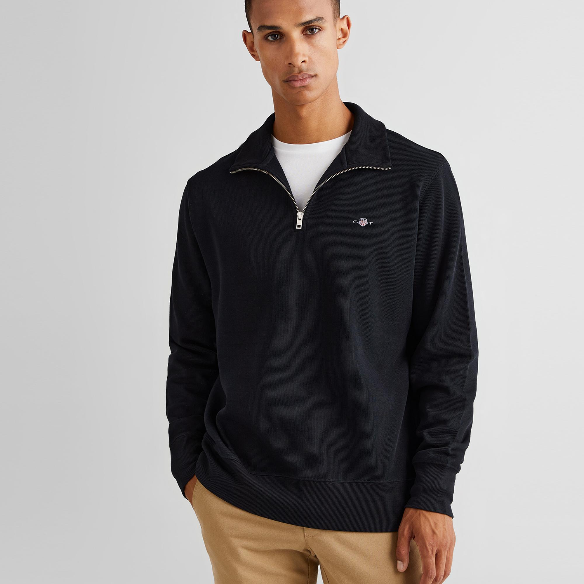 GANT Erkek Siyah Regular Fit Yarım Fermuarlı Sweatshirt