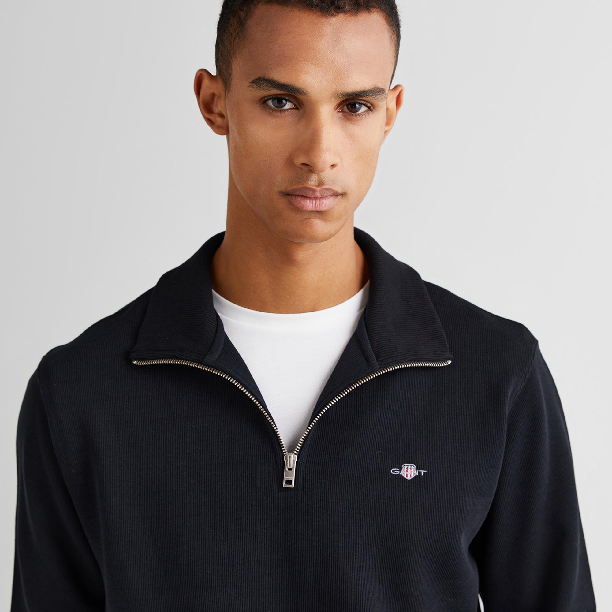 GANT Erkek Siyah Regular Fit Yarım Fermuarlı Sweatshirt