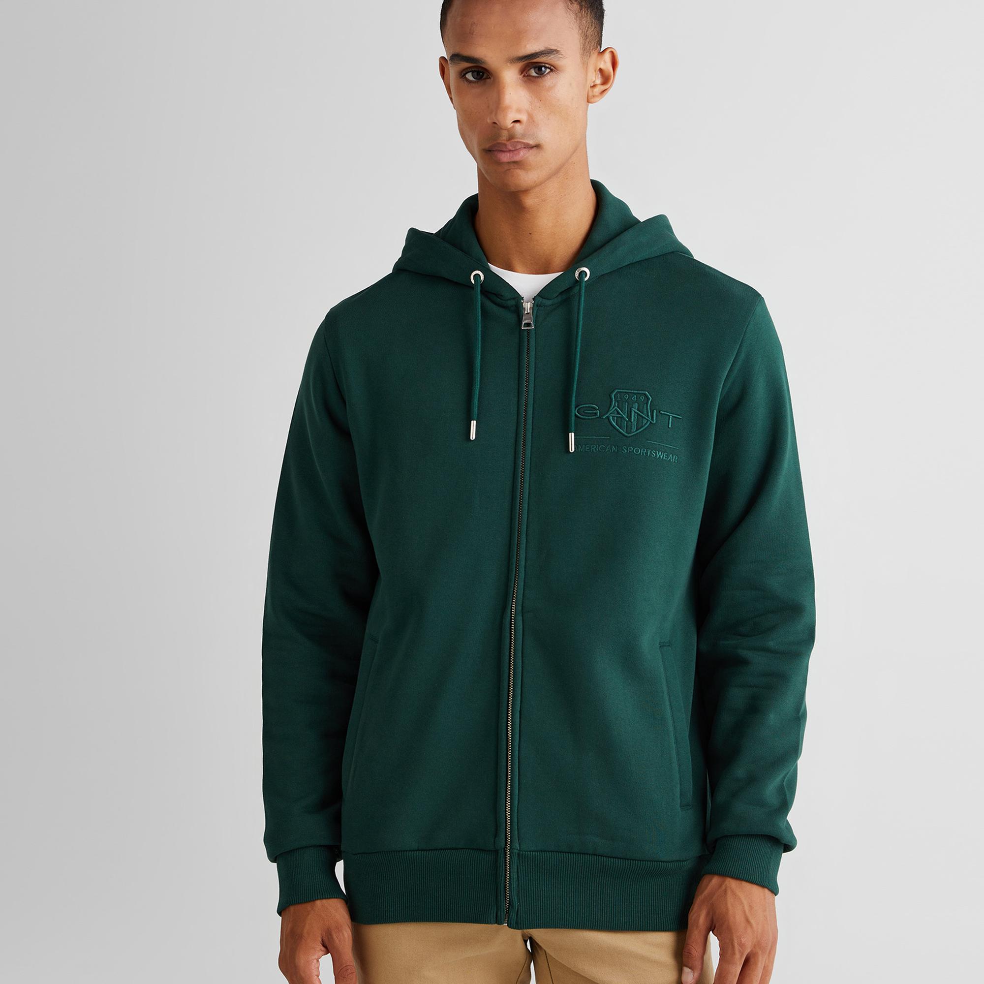 GANT Erkek Yeşil Regular Fit Kapüşonlu Logolu Sweatshirt