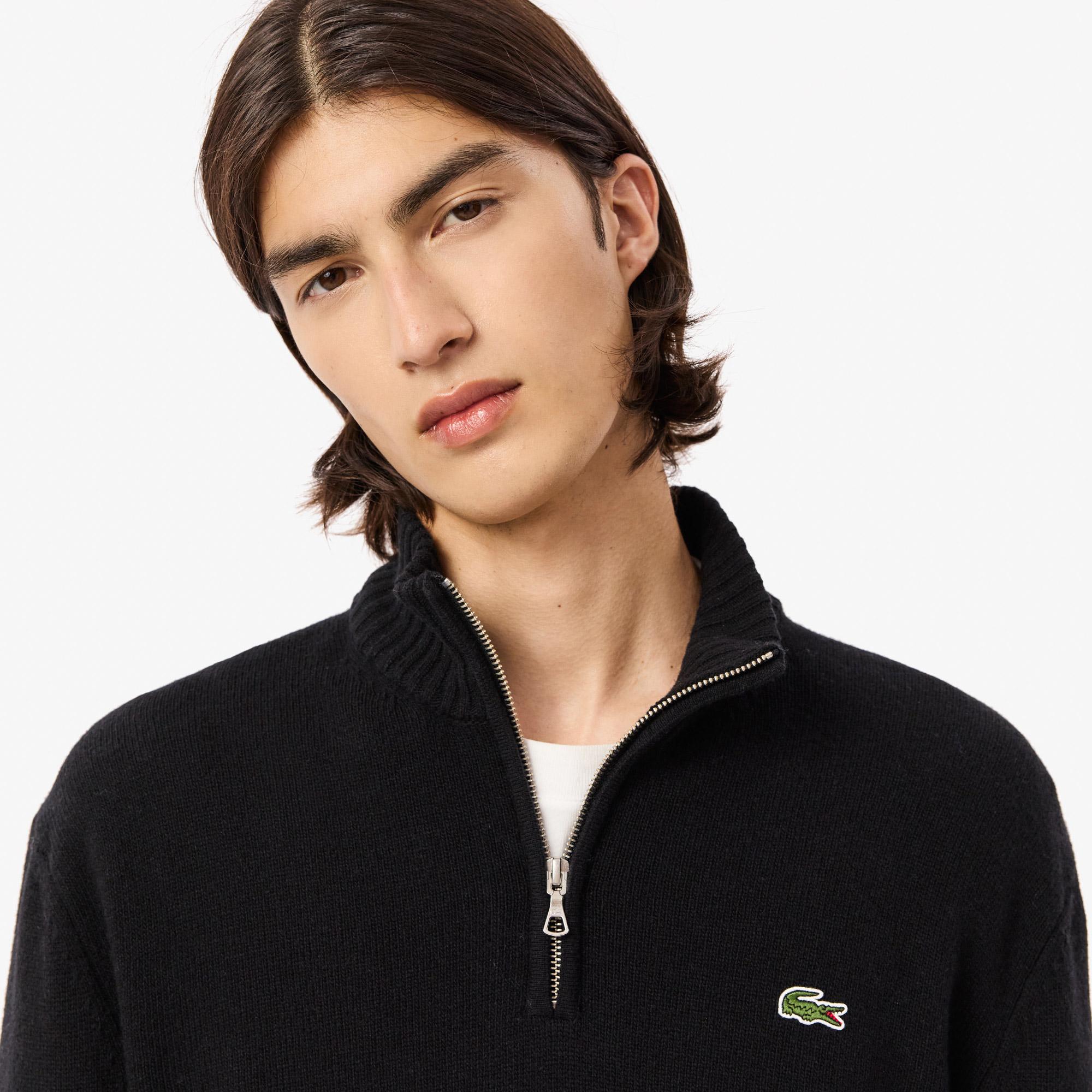 Lacoste Erkek Classic Fit Yarım Fermuarlı Yün Siyah Kazak
