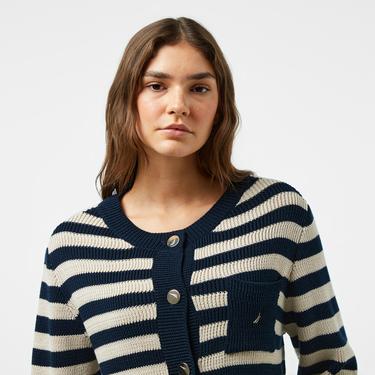  Nautica Kadın Lacivert Çizgili Regular Fit Triko Hırka