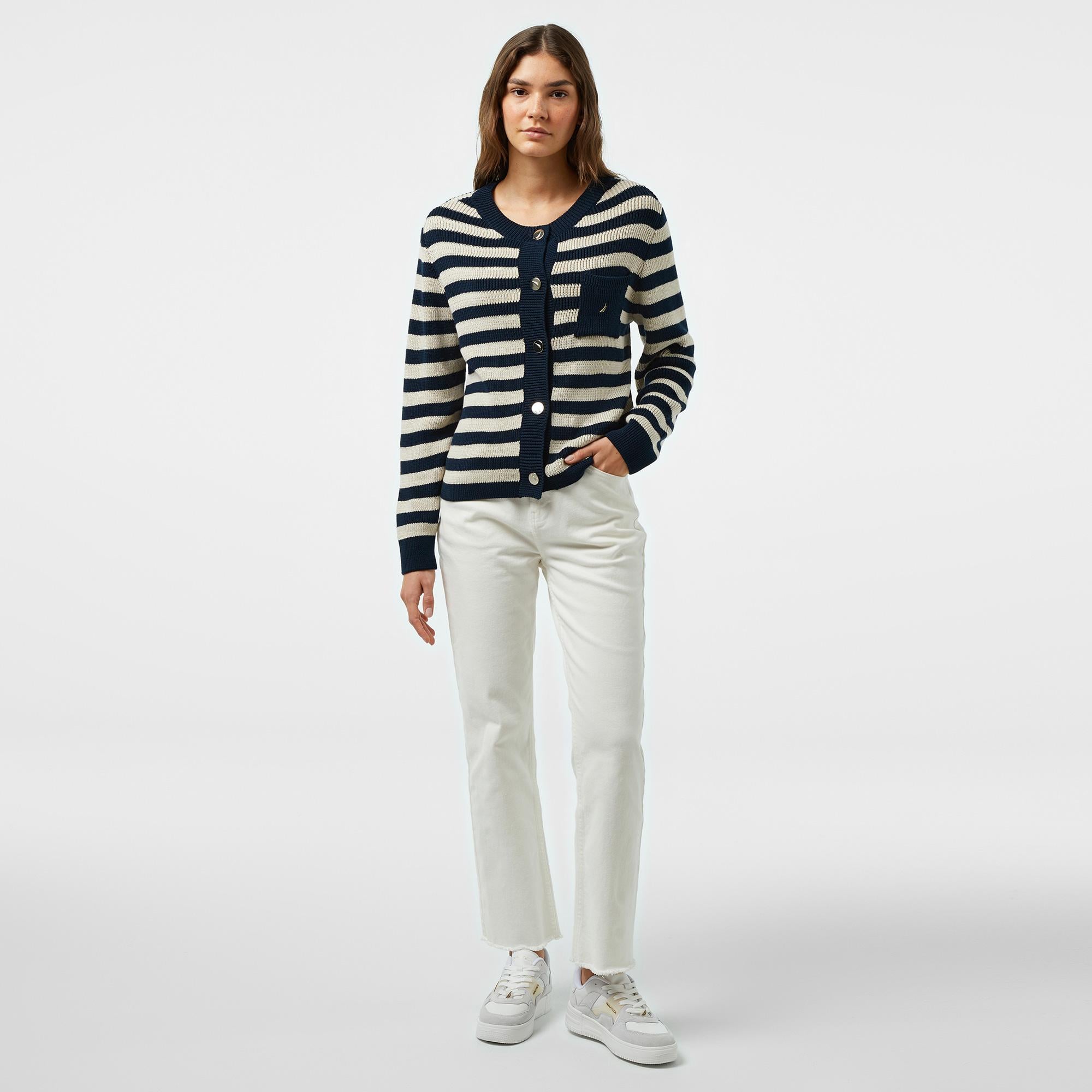 Nautica Kadın Lacivert Çizgili Regular Fit Hırka