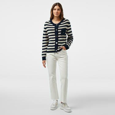  Nautica Kadın Lacivert Çizgili Regular Fit Triko Hırka