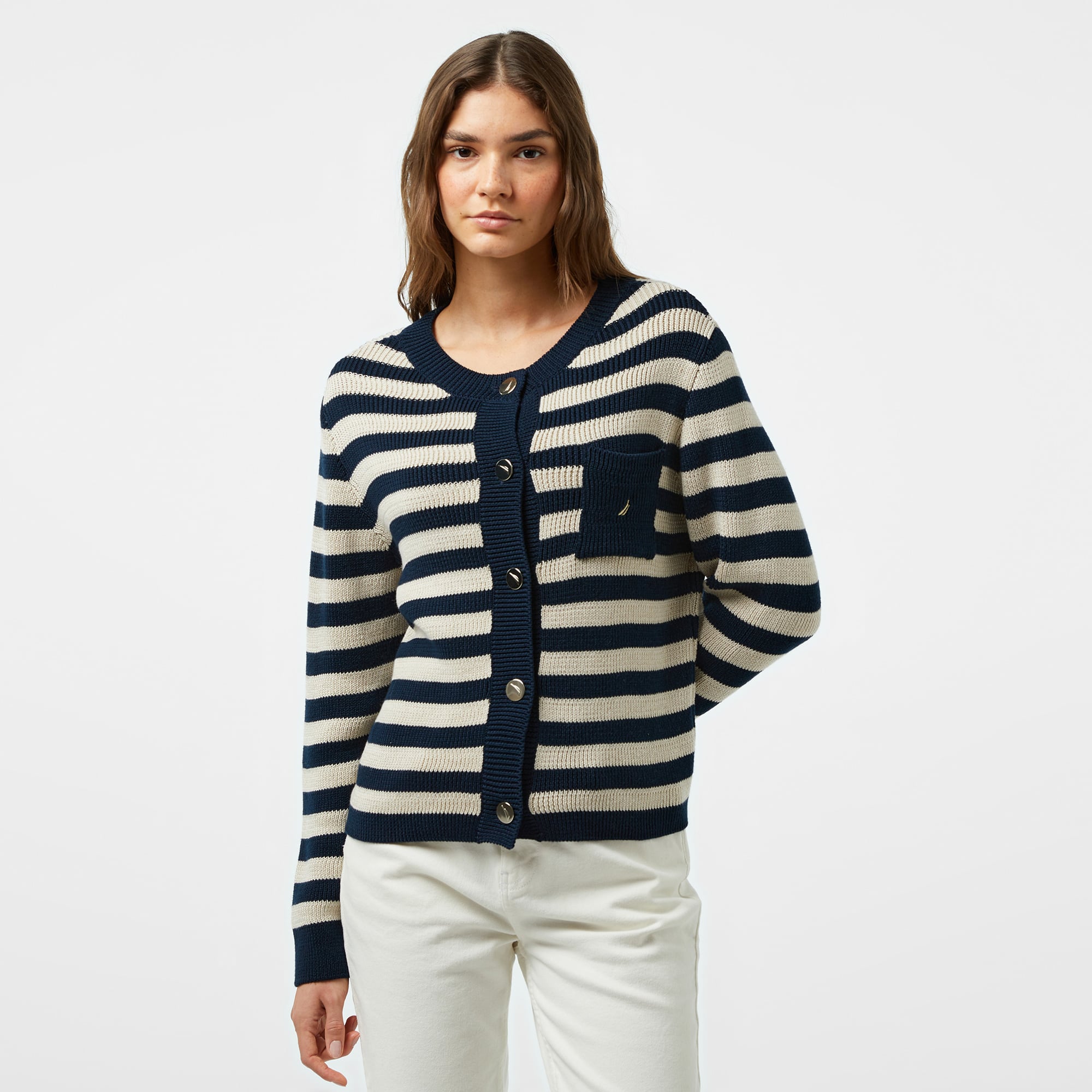  Nautica Kadın Lacivert Çizgili Regular Fit Triko Hırka