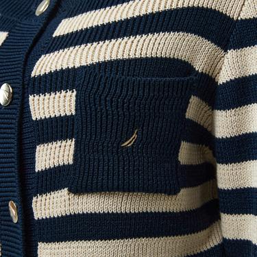  Nautica Kadın Lacivert Çizgili Regular Fit Triko Hırka