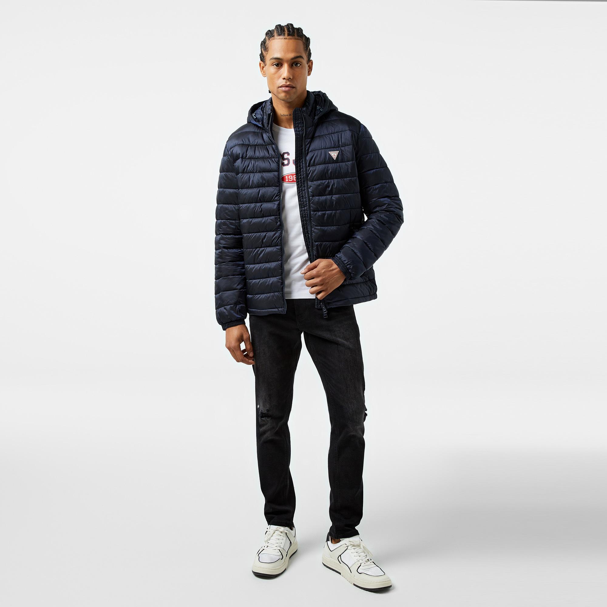 Guess Hooded Puffer Iridescent Nylon 40 Erkek Lacivert Mont