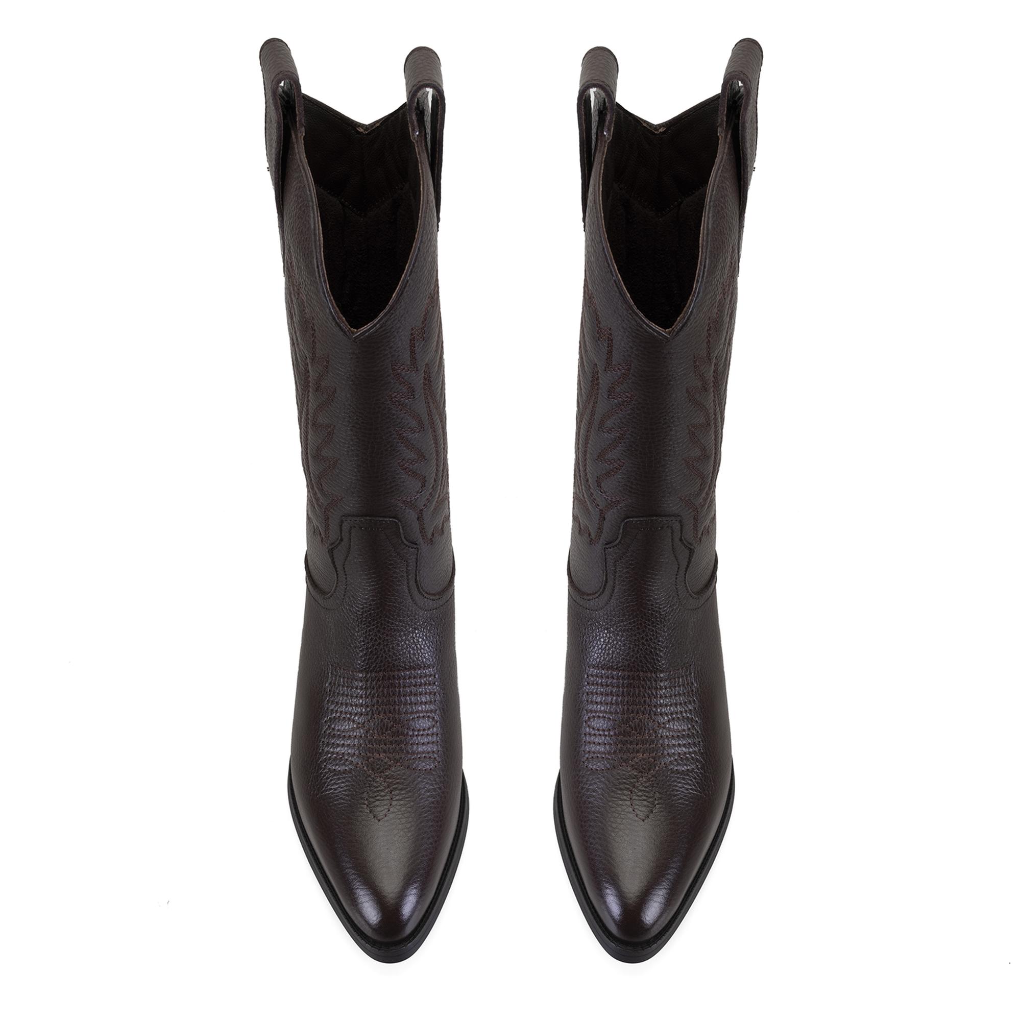 Noa Kahve Kadın Desenli Deri Kovboy Çizmesi