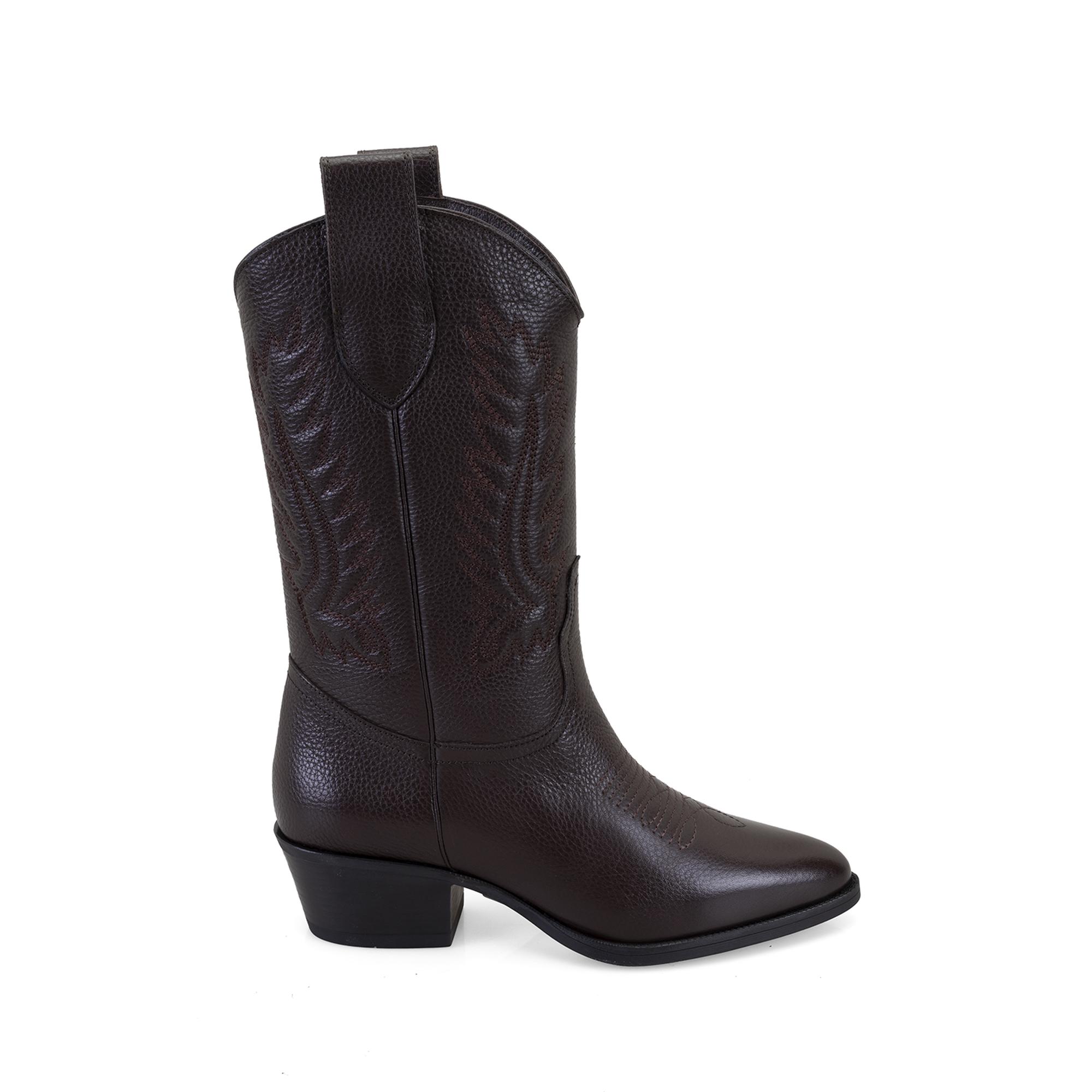 Noa Kahve Kadın Desenli Deri Kovboy Çizmesi