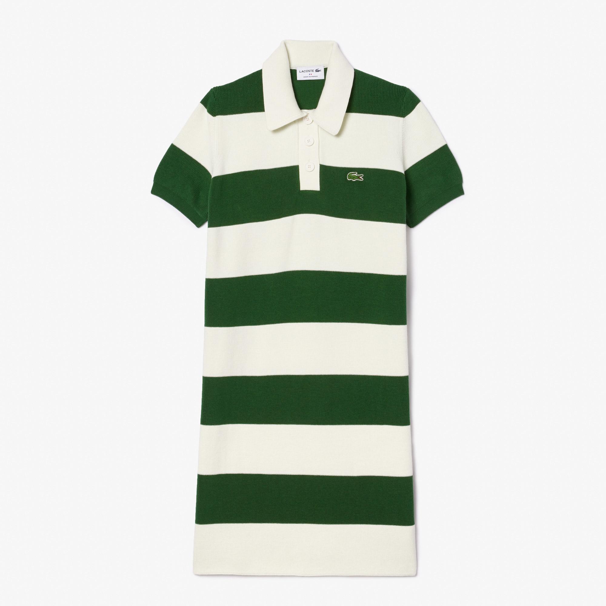 Kadın Slim Fit Polo Yaka Çizgili Beyaz Elbise