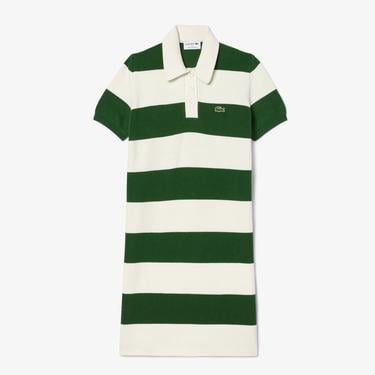  Kadın Slim Fit Polo Yaka Çizgili Beyaz Elbise