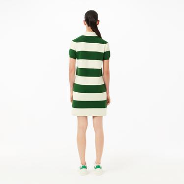  Kadın Slim Fit Polo Yaka Çizgili Beyaz Elbise