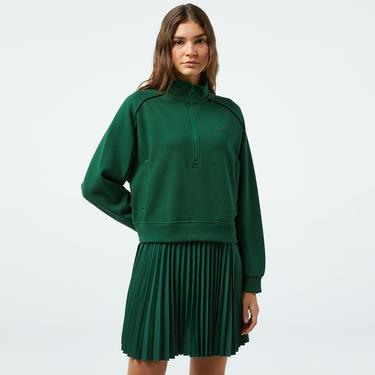  Kadın Flare Fit Uzun Kollu Yarım Fermuarlı Yaka Koyu Yeşil Elbise