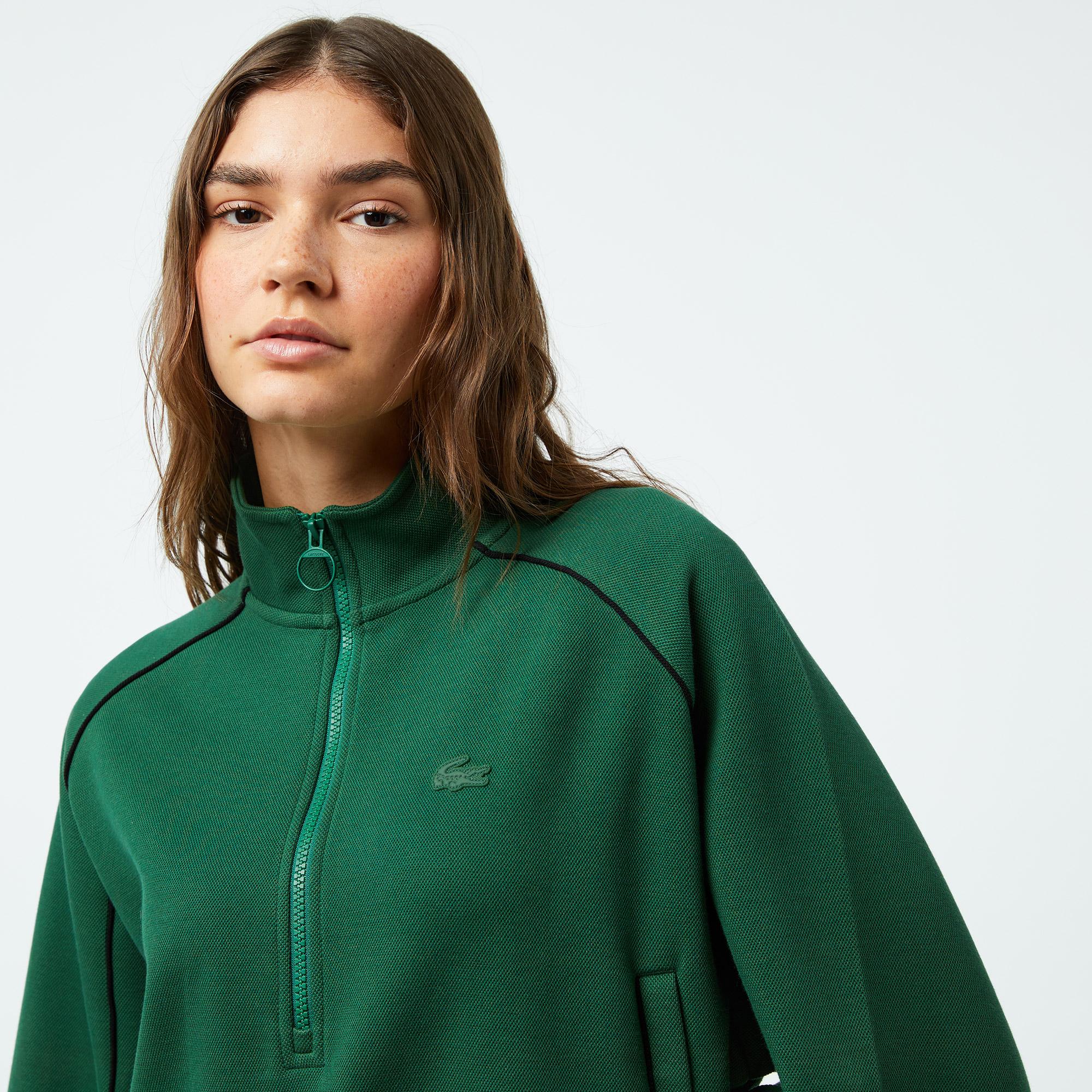 Kadın Flare Fit Uzun Kollu Yarım Fermuarlı Yaka Koyu Yeşil Elbise