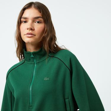  Kadın Flare Fit Uzun Kollu Yarım Fermuarlı Yaka Koyu Yeşil Elbise