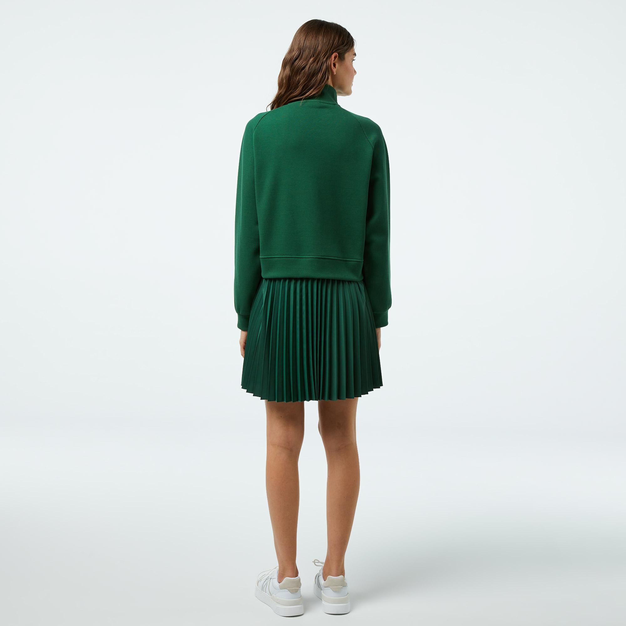 Kadın Flare Fit Uzun Kollu Yarım Fermuarlı Yaka Koyu Yeşil Elbise