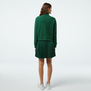  Kadın Flare Fit Uzun Kollu Yarım Fermuarlı Yaka Koyu Yeşil Elbise