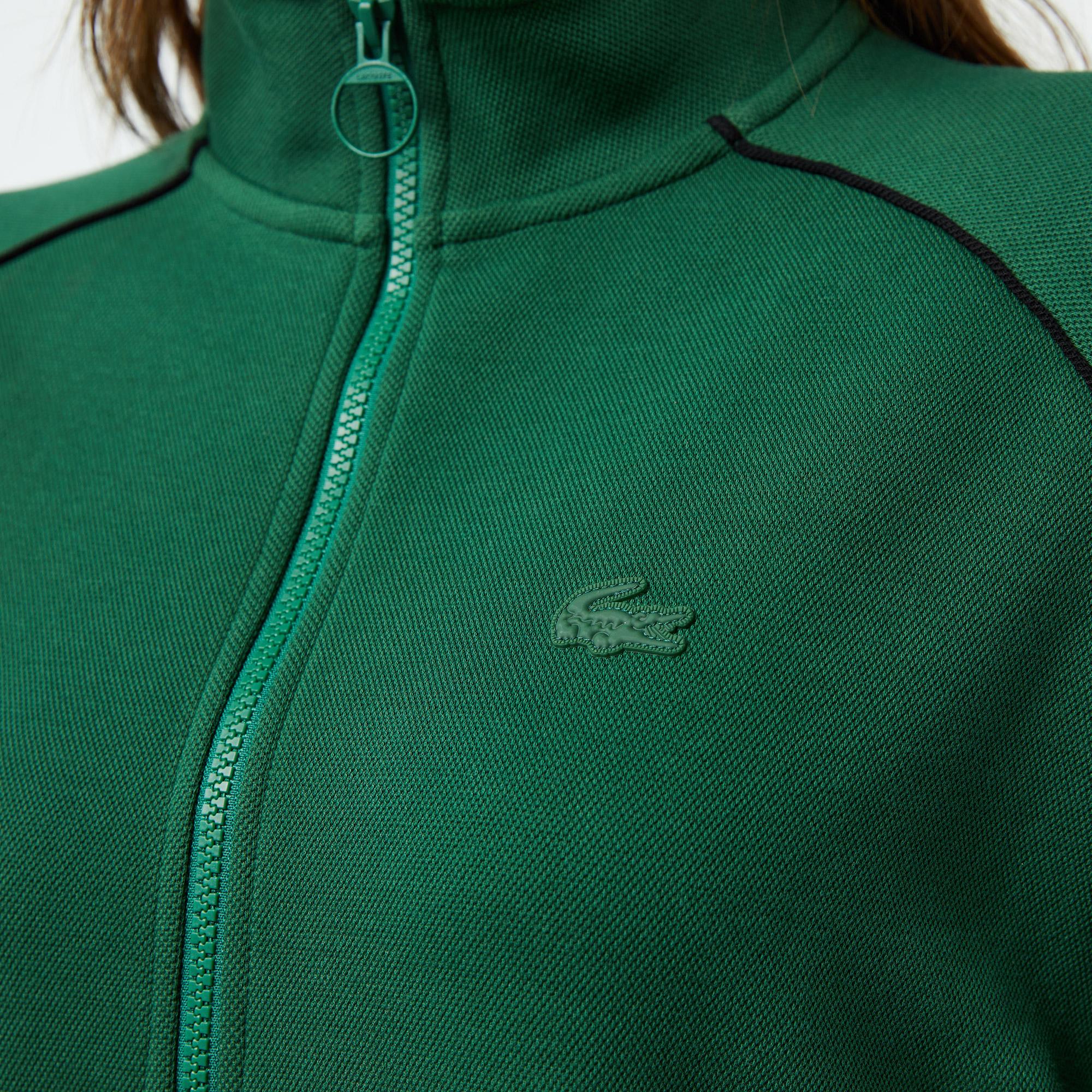 Kadın Flare Fit Uzun Kollu Yarım Fermuarlı Yaka Koyu Yeşil Elbise