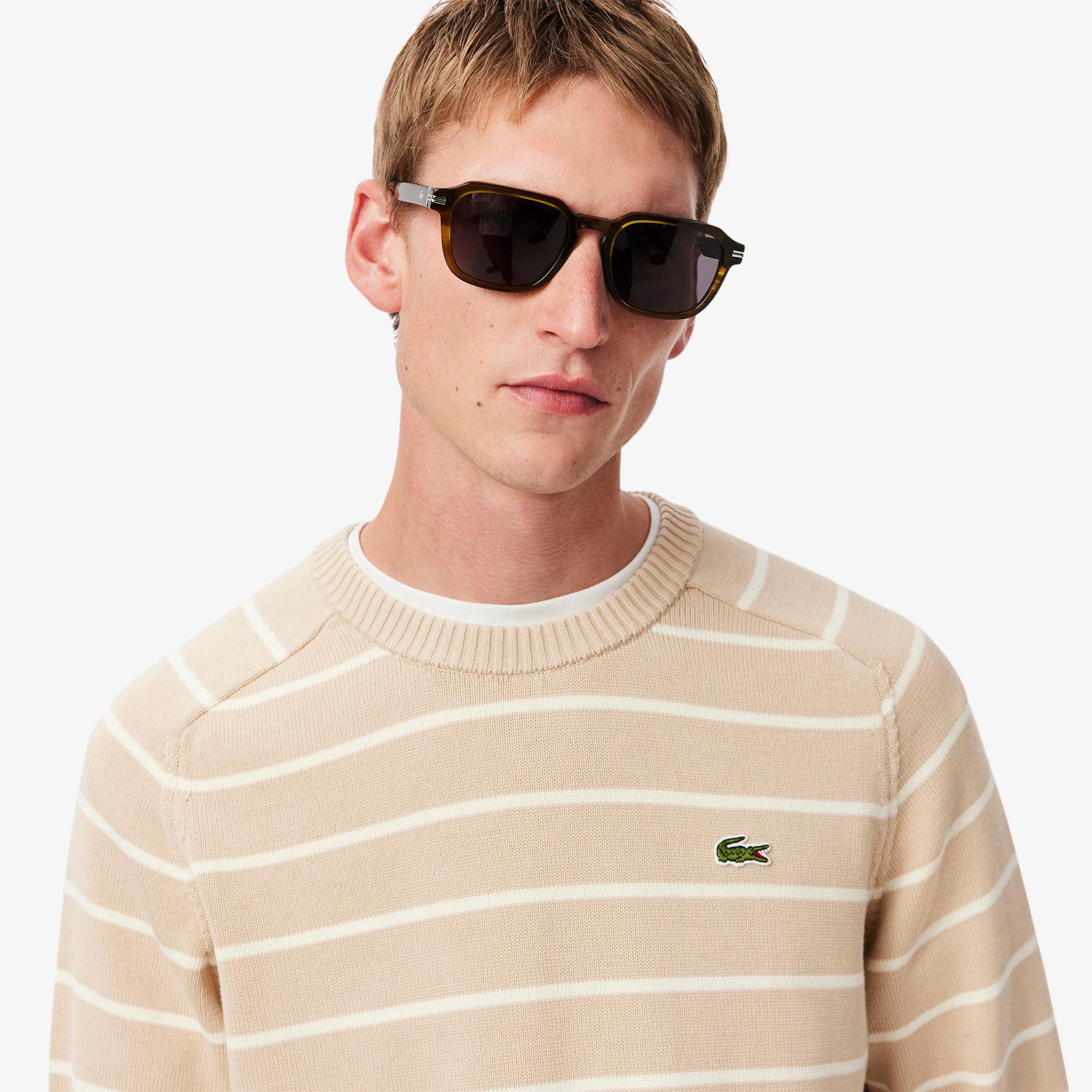 Erkek Classic Fit Bisiklet Yaka Çizgili Bej Triko