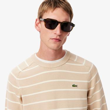  Erkek Classic Fit Bisiklet Yaka Çizgili Bej Triko