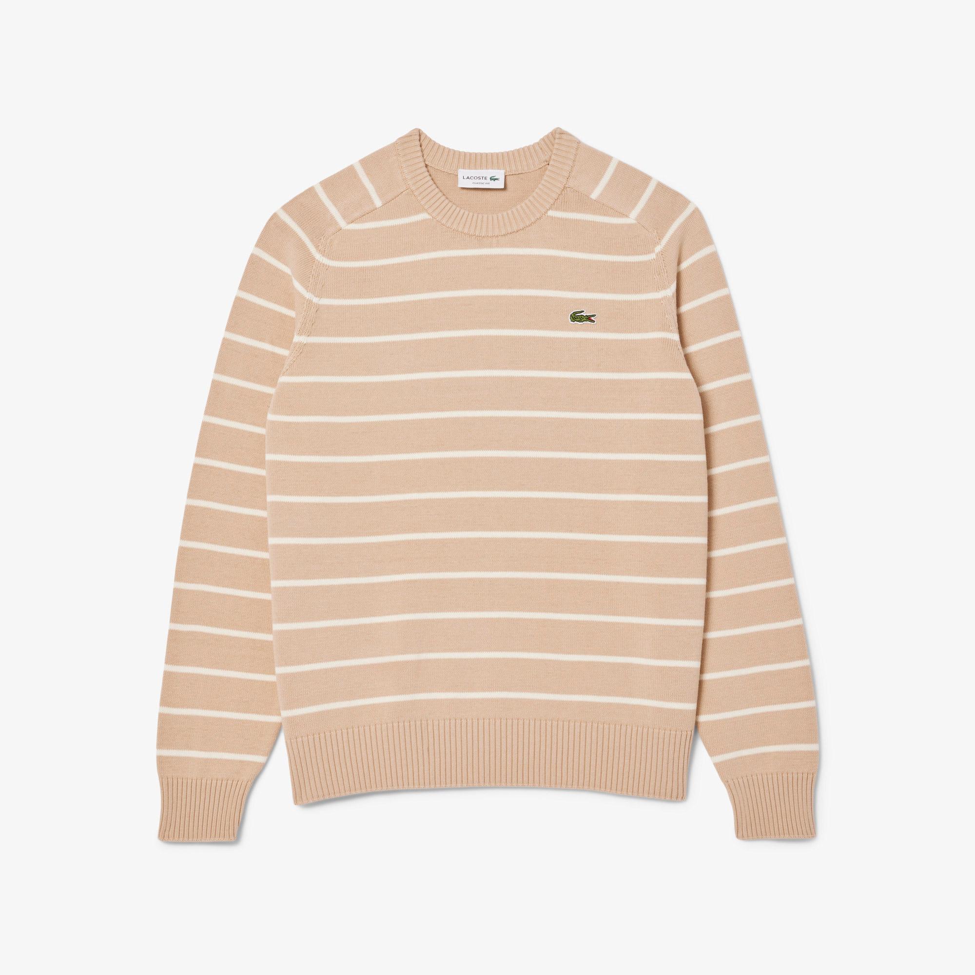 Erkek Classic Fit Bisiklet Yaka Çizgili Bej Triko