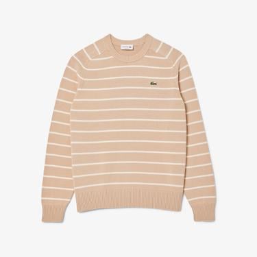  Erkek Classic Fit Bisiklet Yaka Çizgili Bej Triko