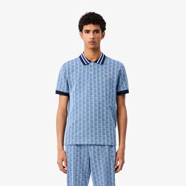 Lacoste Classic Fit Contrast Collar Monogram Erkek Mavi Polo