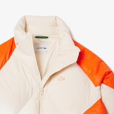  Kadın Oversize Fit Kapüşonlu Renk Bloklu Krem Şişme Mont