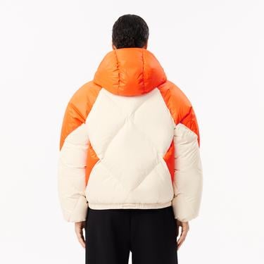  Kadın Oversize Fit Kapüşonlu Renk Bloklu Krem Şişme Mont