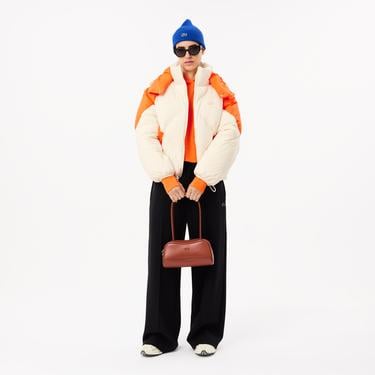  Kadın Oversize Fit Kapüşonlu Renk Bloklu Krem Şişme Mont