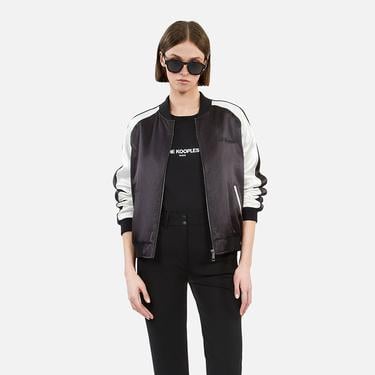  KADIN RENK BLOKLU SİYAH SATEN BOMBER CEKET