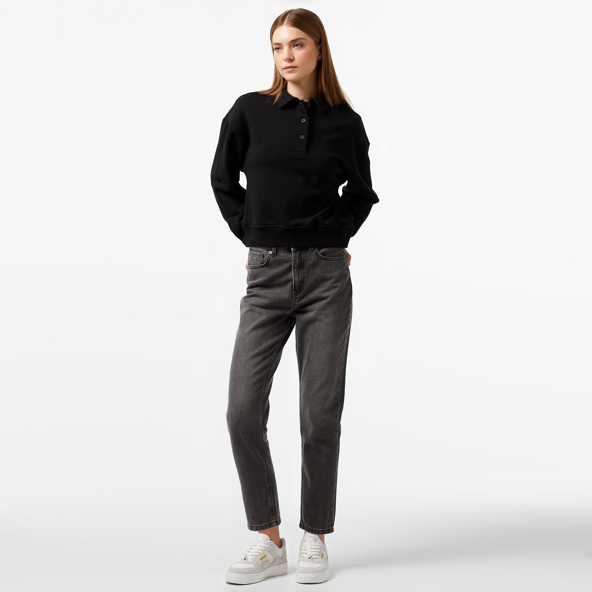 Nautica Kadın Siyah Oversize Uzun Kollu Polo Yaka T-Shirt