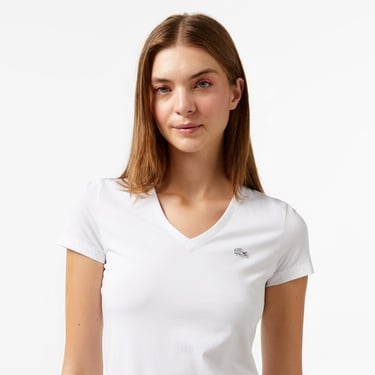  Lacoste Kadın Slim Fit V Yaka Beyaz T-Shirt