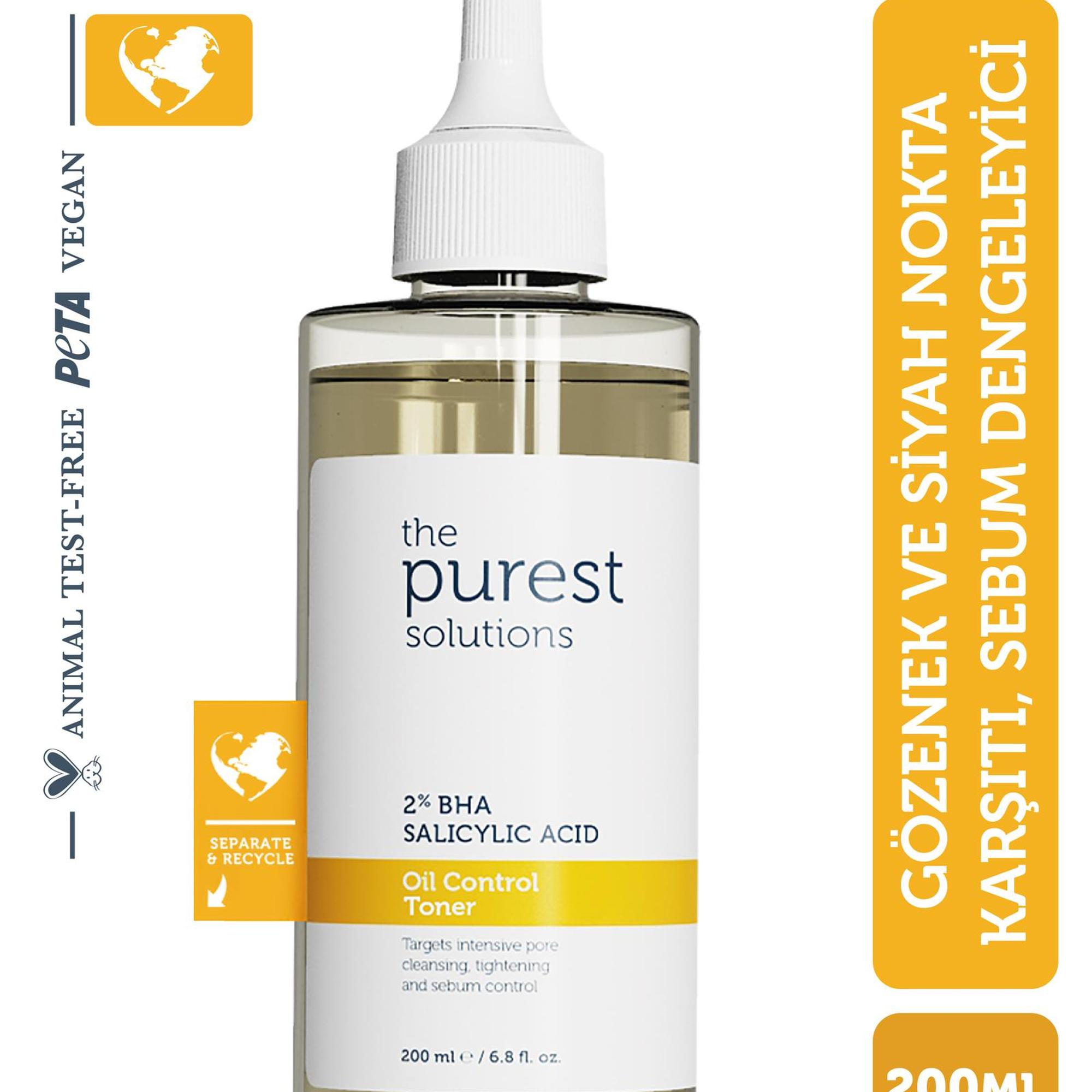 The Purest Solutions BHA %2 Oil Control Toner & Siyah Nokta Hedefli, Yağlanma Dengeleyici, Gözenek Sıkılaştırıcı Tonik 200 ML