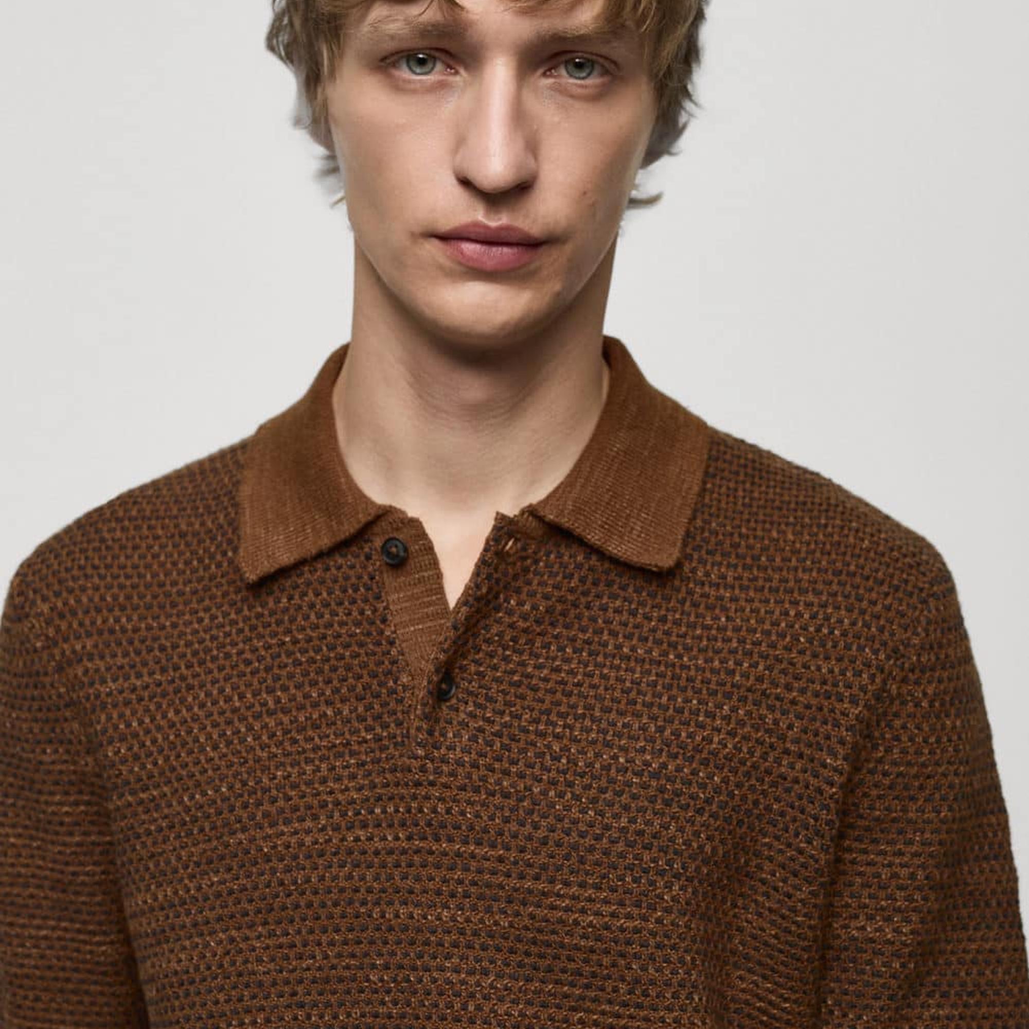 Mango Erkek Pamuklu Triko Polo Gömlek Kahverengi