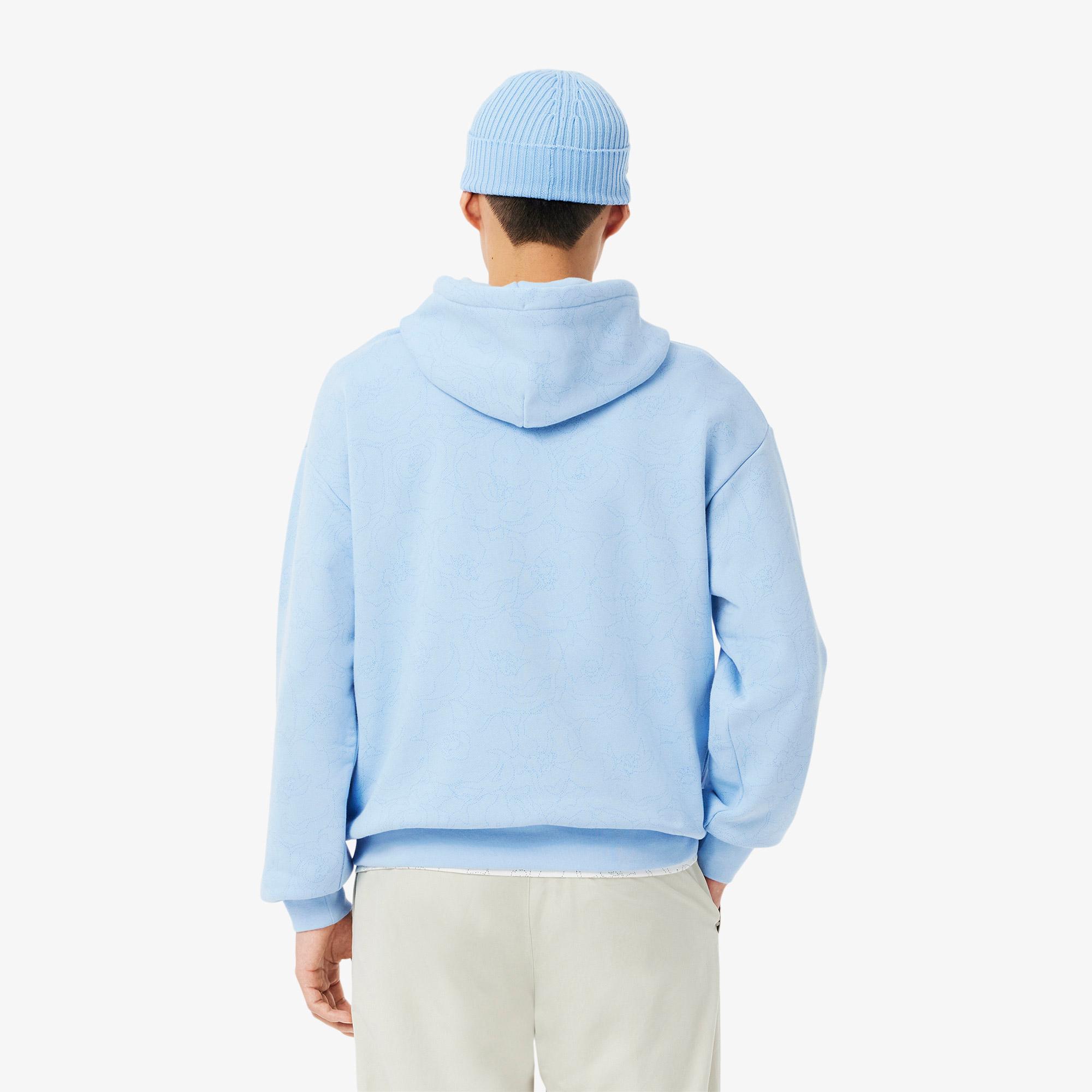 Erkek Classic Fit Kapüşonlu Desenli Mavi Sweatshirt