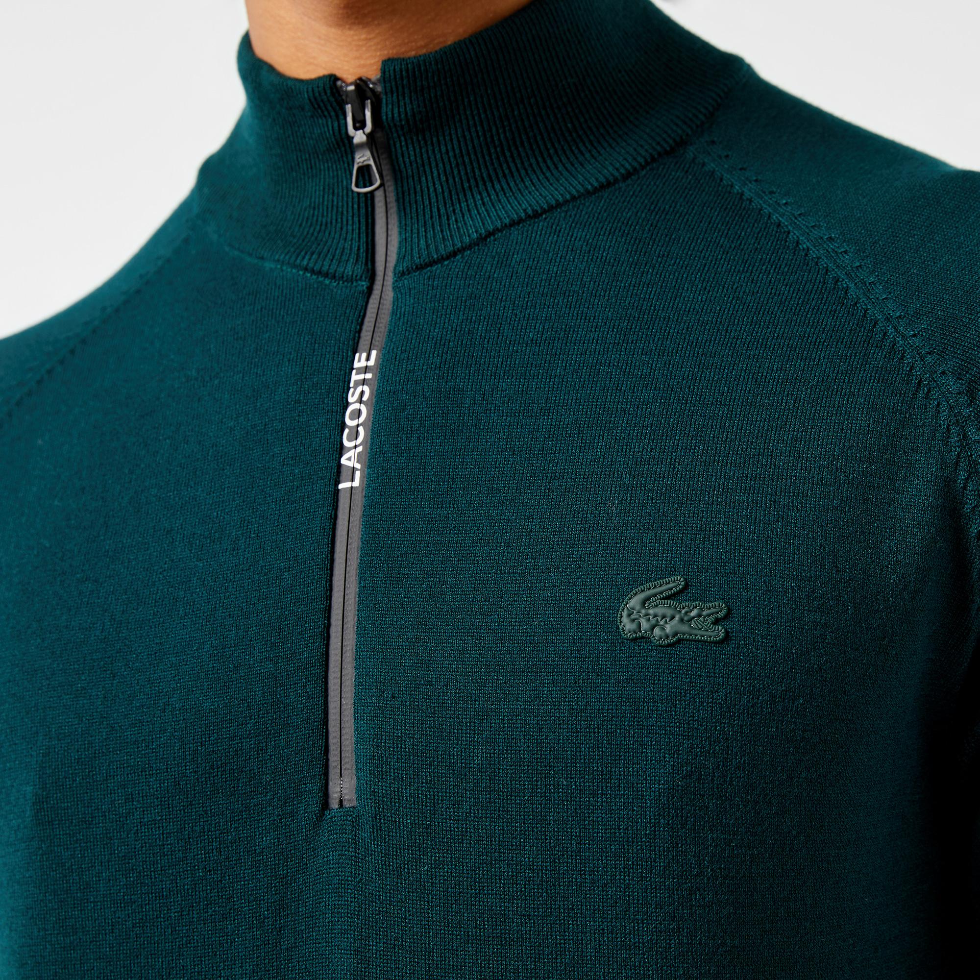 Erkek Regular Fit Yarım Fermuarlı Koyu Yeşil Triko