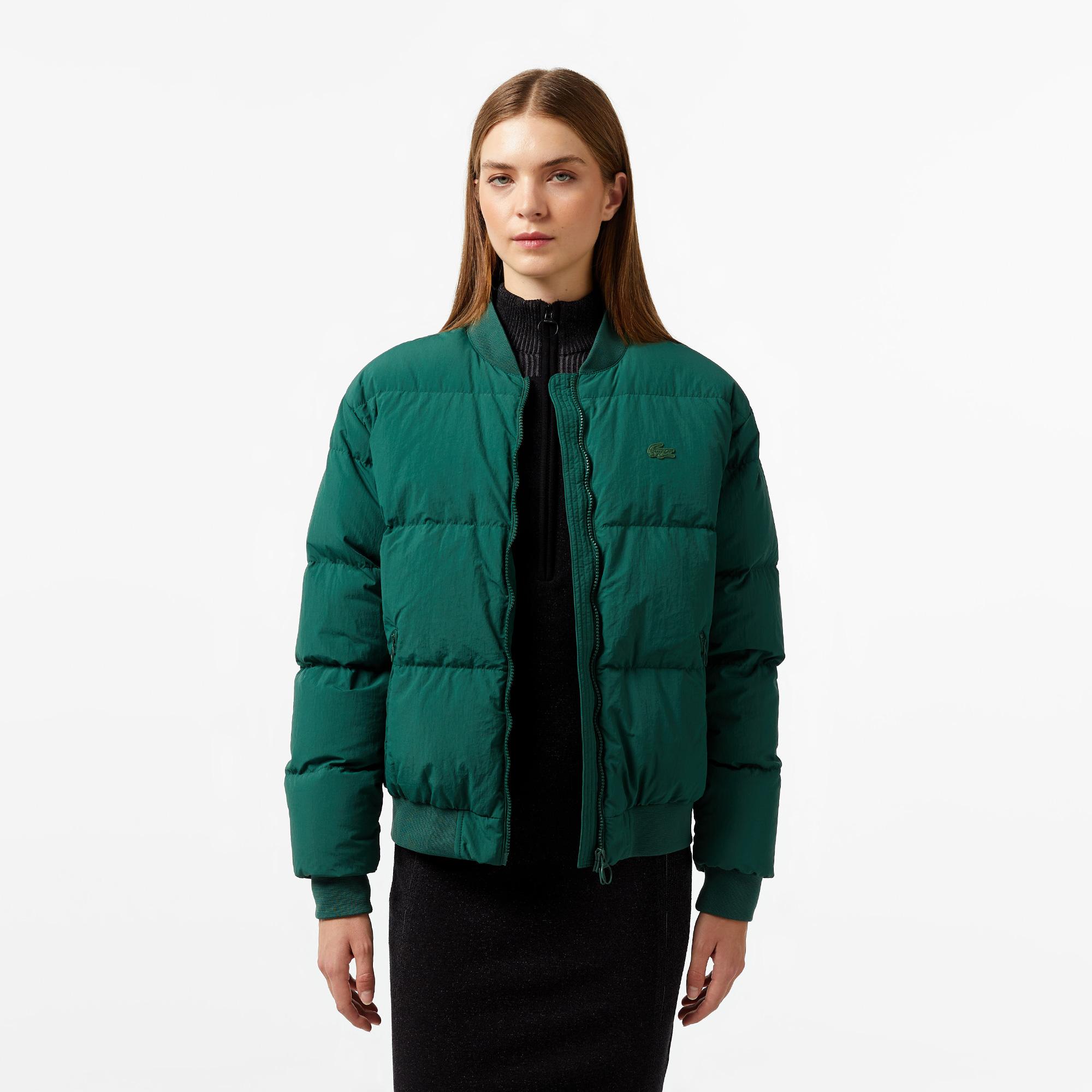 Kadın Relaxed Fit Dik Yaka Koyu Yeşil Mont