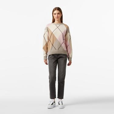 Kadın Regular Fit Bisiklet Yaka Renk Bloklu Bej Triko