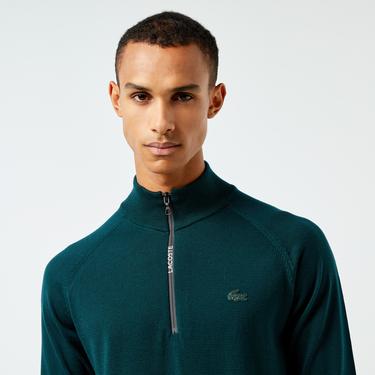  Erkek Regular Fit Yarım Fermuarlı Koyu Yeşil Triko